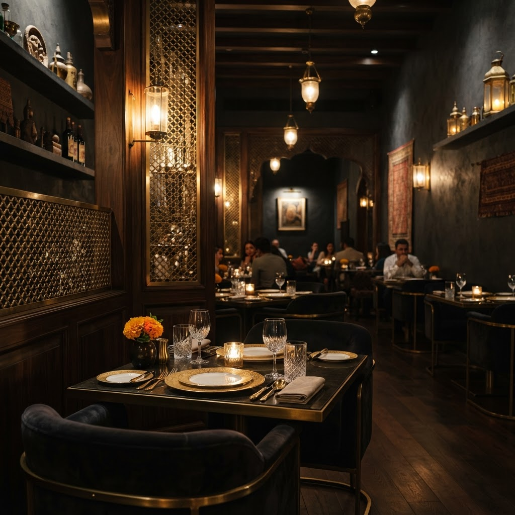 Warm, dimly lit dining room at Punjabi Chulha with gold accents
