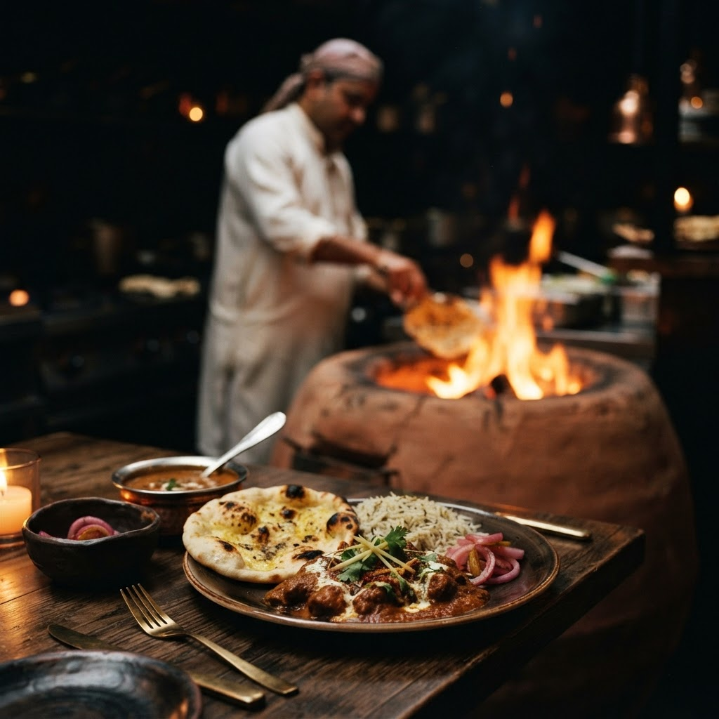 Glowing tandoor oven with elegantly plated Punjabi cuisine